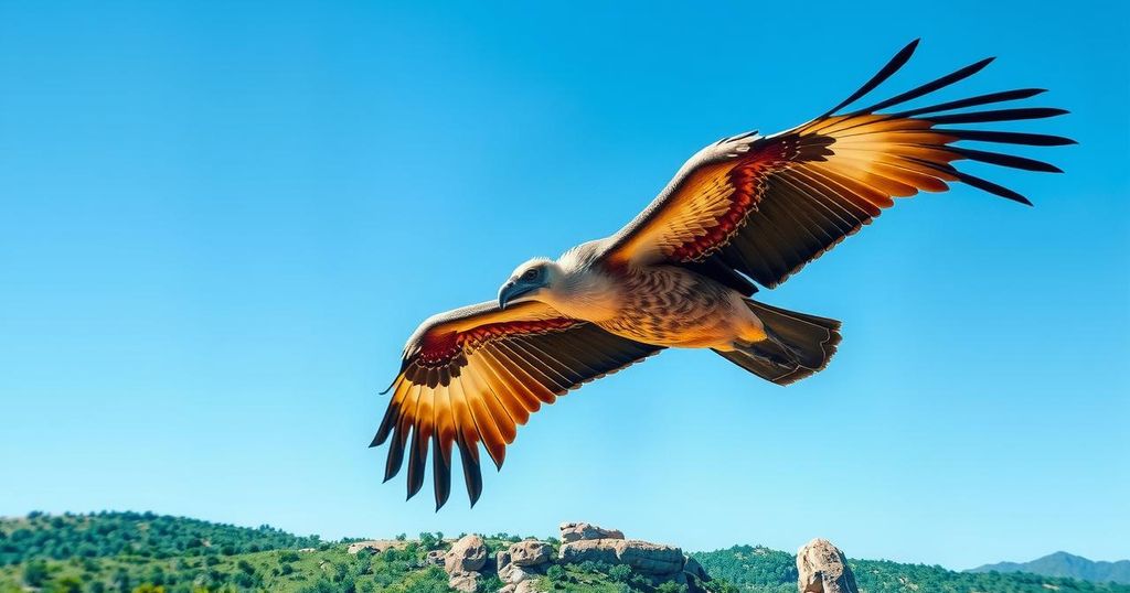 A serene landscape with a vulture soaring against a blue sky, emphasizing conservation efforts in South Africa.