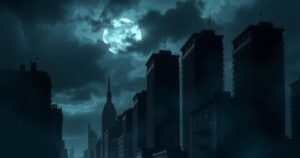 A dark urban landscape with shadowy buildings, hinting at a hidden world of illicit activities, in muted tones.
