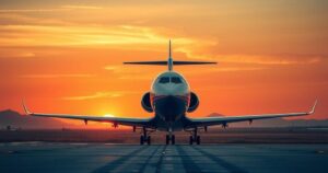 Airplane on runway transporting individuals in a prisoner swap with sunset background and warm colors.