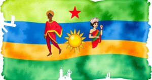 Suriname's first woman president symbolized by a decorative flag design in vibrant colors and cultural motifs.