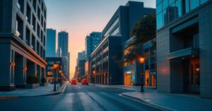 A serene urban scene at twilight, featuring a quiet street with modern buildings and streetlights cast soft glows.