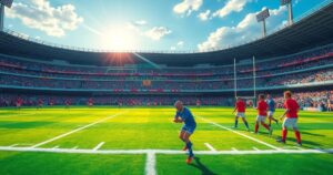 A vibrant rugby field set for a match, featuring a scoreboard and colorful team colors, evoking anticipation.