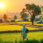 A serene village landscape in Punjab with lush green fields and a calm setting, symbolizing hope and homecoming.