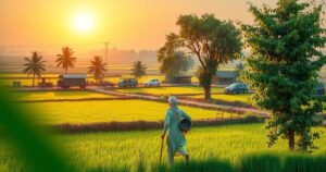 A serene village landscape in Punjab with lush green fields and a calm setting, symbolizing hope and homecoming.