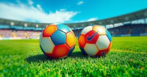 Two soccer balls on a field under bright sky representing a competitive sporting event.