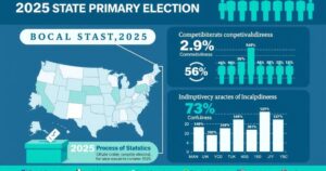 An infographic depicting state primary election statistics and competitiveness trends.