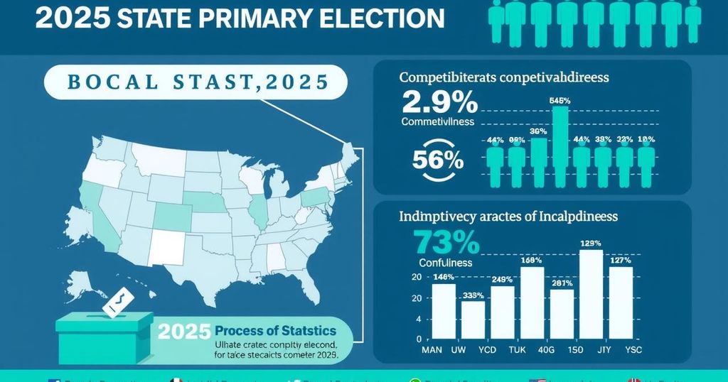 An infographic depicting state primary election statistics and competitiveness trends.