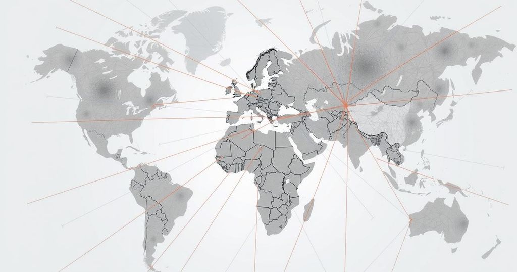 A map representing diminished geopolitical alliances, with fading connections and empty spaces.