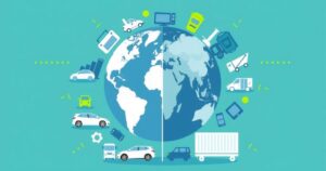 Illustration of a trade imbalance concept with various essential goods and a globe in the background, in a minimalistic style.
