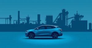 A sleek electric vehicle silhouette against a backdrop of industrial machinery, illustrating innovation in the automotive industry.