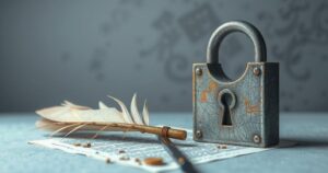 Artistic representation of press freedom with symbolic elements like a broken quill and a locked padlock in muted tones.