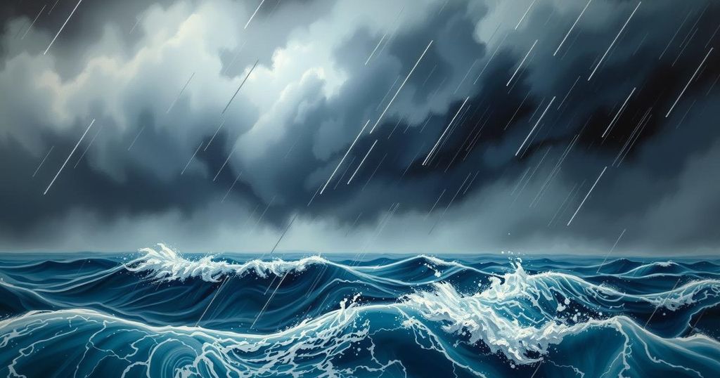 A turbulent ocean scene depicting heavy rains and dark clouds, illustrating an impending tropical storm in the Southeast.