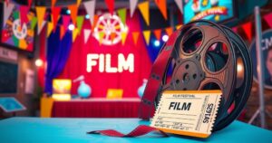 A cinematic-themed illustration of a film reel and ticket with a backdrop of a vibrant film festival scene.