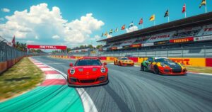 A dynamic image of a racing circuit, featuring colorful flags, vibrant team colors, and roaring race cars in motion.