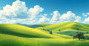 Illustration of a serene landscape featuring rolling hills and vibrant green fields under a blue sky.