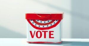 A symbolic representation of political discourse in Japan, featuring a ballot box with patriotic colors, representing an election.