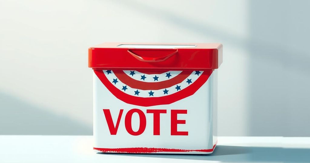 A symbolic representation of political discourse in Japan, featuring a ballot box with patriotic colors, representing an election.