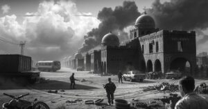 Syria conflict landscape, military presence, tensions between communities, muted and somber color tones.