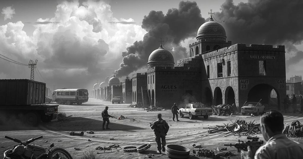 Syria conflict landscape, military presence, tensions between communities, muted and somber color tones.