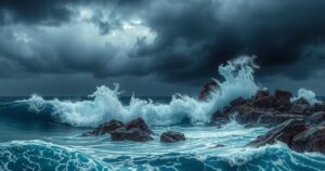 A stormy seascape showcasing turbulent waves and dark clouds, indicative of an approaching tropical storm.