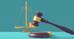 Artistic representation of a judge's gavel with a backdrop of abstract scales in blue and green hues, symbolizing justice.