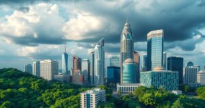 A vibrant city skyline with lush greenery and dramatic clouds, representing a lively news atmosphere and trade focus.