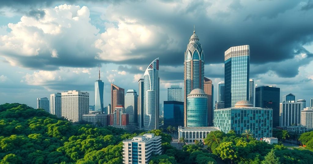A vibrant city skyline with lush greenery and dramatic clouds, representing a lively news atmosphere and trade focus.