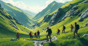 Vibrant hiking scene in Abuja, depicting lush green hills, outdoor enthusiasts, and musical elements conveying adventure and energy.
