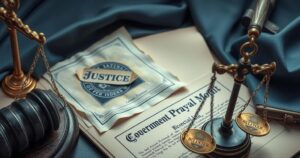 Documents with the seal of justice beside a symbolic representation of government and law enforcement, conveying seriousness.