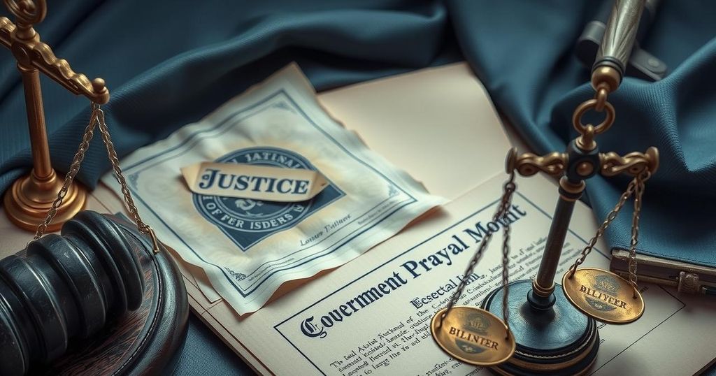 Documents with the seal of justice beside a symbolic representation of government and law enforcement, conveying seriousness.