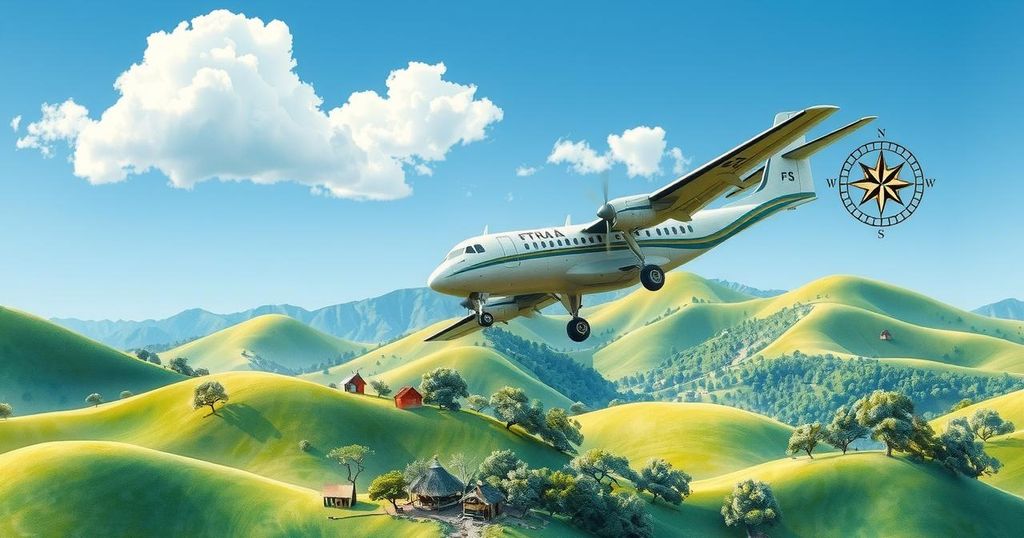 A plane flying over a map of Eswatini with clouds and compass rose, representing deportation flight.