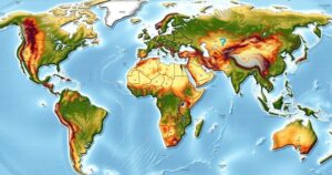 A detailed map highlighting global weather hazards with areas of dryness and flooding in various regions.