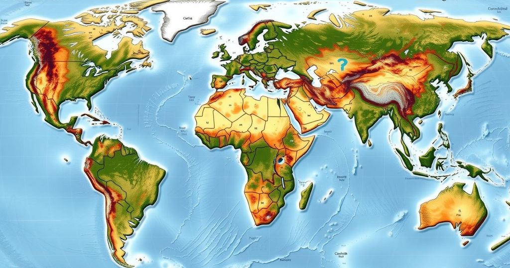 A detailed map highlighting global weather hazards with areas of dryness and flooding in various regions.