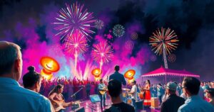 Vibrant festival scene with musicians performing and colorful lights in the night sky celebrating music and culture.