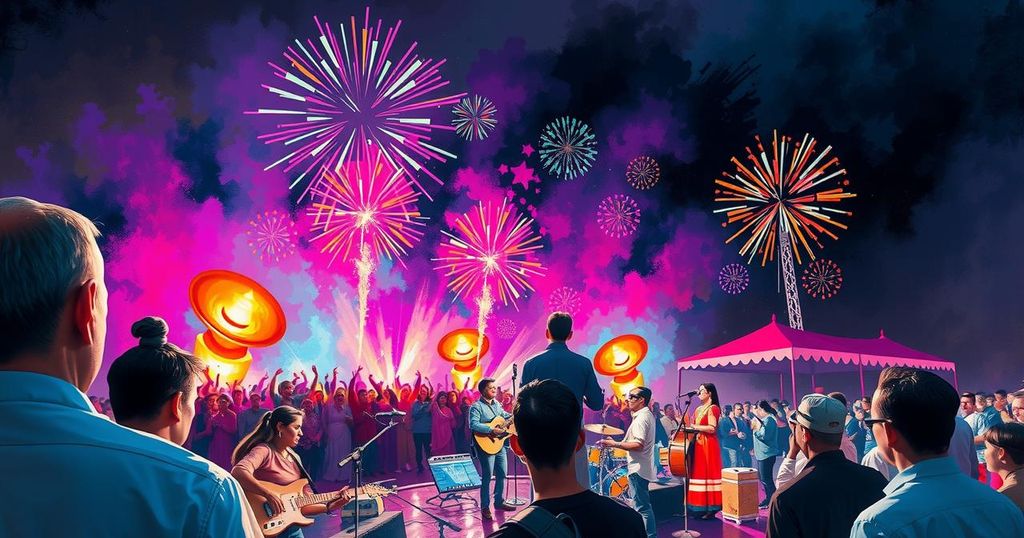 Vibrant festival scene with musicians performing and colorful lights in the night sky celebrating music and culture.