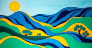 A colorful abstract landscape inspired by Haitian culture, featuring vibrant patterns and natural elements.