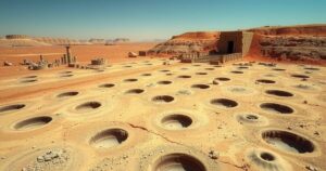 A barren landscape with excavated holes, symbolizing treasure hunting in ancient ruins, under a sunlit sky.