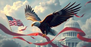 A symbolic representation of political discourse with a bold eagle and red, white, and blue color scheme.