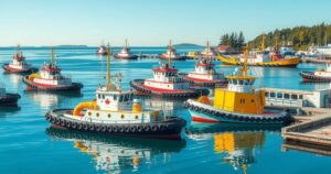 A collage of diverse tugboats in serene water, showcasing Canadian designs with vibrant color contrasts.