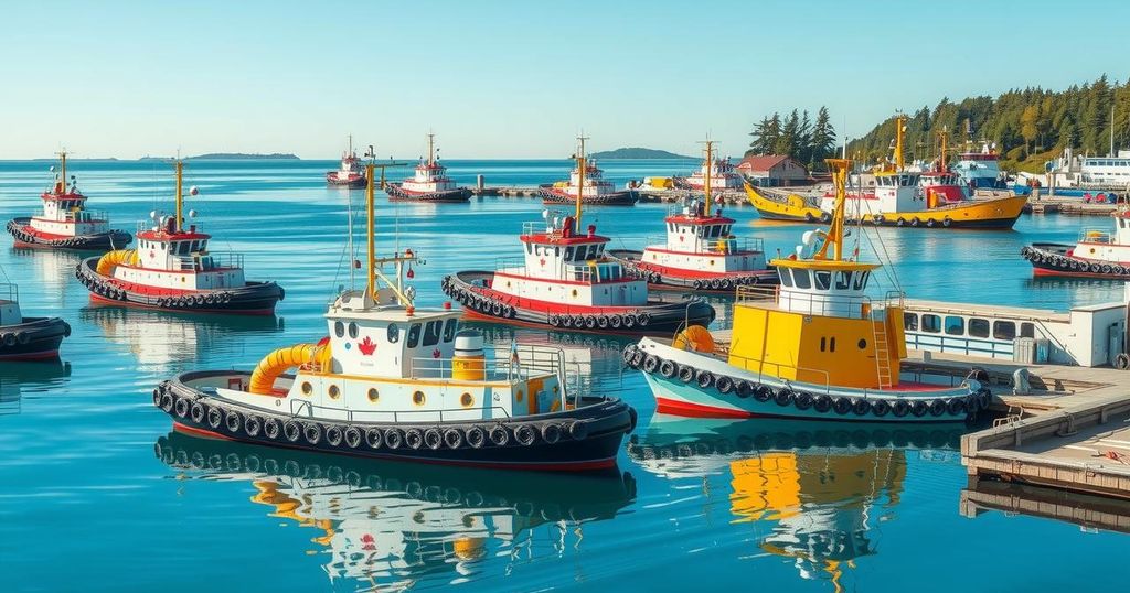 A collage of diverse tugboats in serene water, showcasing Canadian designs with vibrant color contrasts.