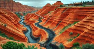 A rugged Moroccan landscape with orange folds and terraced villages, highlighting cobalt mining activities in nature.