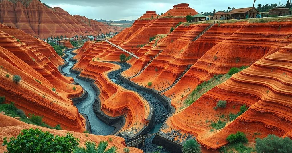 A rugged Moroccan landscape with orange folds and terraced villages, highlighting cobalt mining activities in nature.