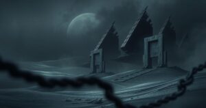 A desolate landscape symbolizing tension and military alliances, depicted in dark colors with abstract forms.