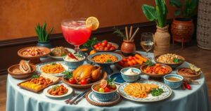 Colorful display of traditional Peruvian dishes in an elegant setting, showcasing the culinary richness of Peru.