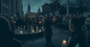 A somber protest scene with people holding up signs and candles in a public space, symbolizing social justice and activism.