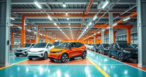 Electric vehicle factory in Brazil showcasing modern production line and assembled vehicles amid vibrant colors.