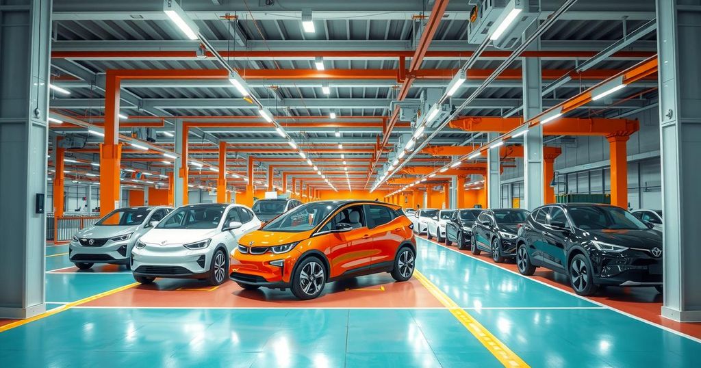 Electric vehicle factory in Brazil showcasing modern production line and assembled vehicles amid vibrant colors.