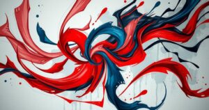 A conceptual image depicting unpredictability in foreign policy with abstract shapes and conflicting colors.