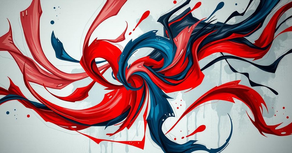A conceptual image depicting unpredictability in foreign policy with abstract shapes and conflicting colors.