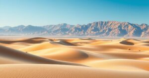 Scenic view of Oman's desert with mountains, showcasing a tranquil landscape reflecting cultural heritage and natural beauty.